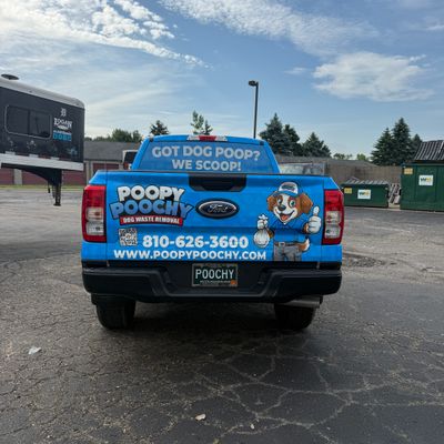 A commercial work truck with a custom vinyl wrap with blue and white text and dog logo.